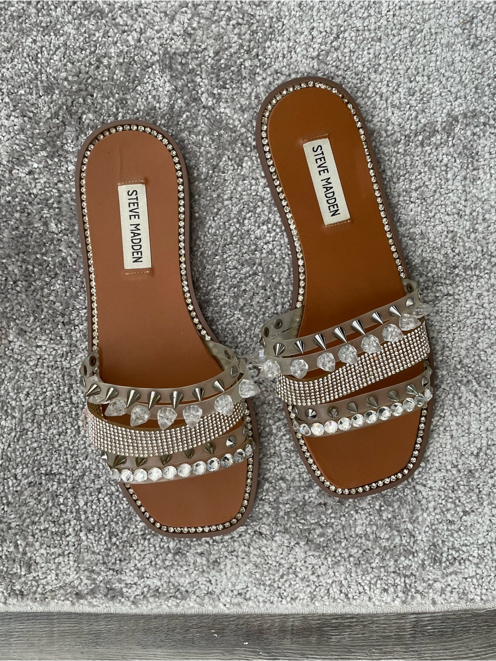Steve Madden Tan Slide Sandals with Silver Rhinestones & Studs